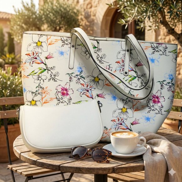 NWT International Concepts White Floral Tote Bag & Pouch Set INC Shoulder Purse - Picture 4 of 8